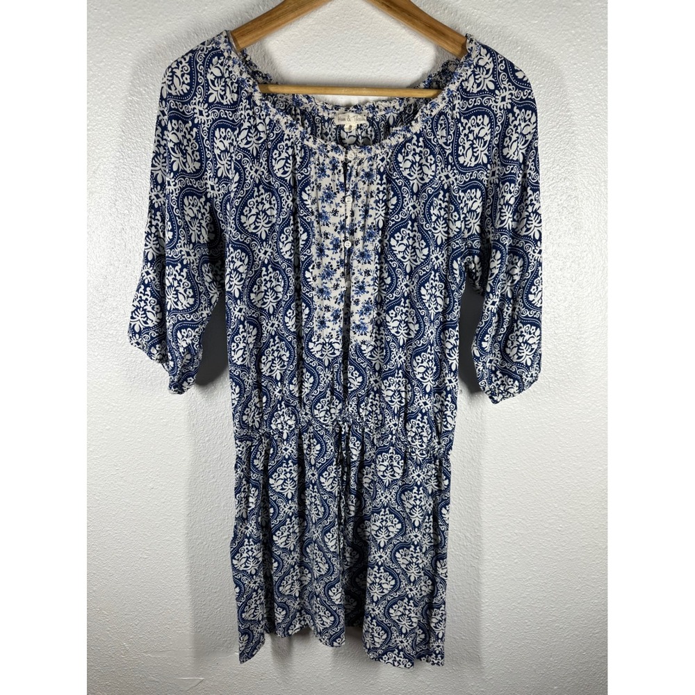 Hem & Thread Dress Womens M Blue Damask Paisley Boho Button Front 3/4 Sleeve‎
